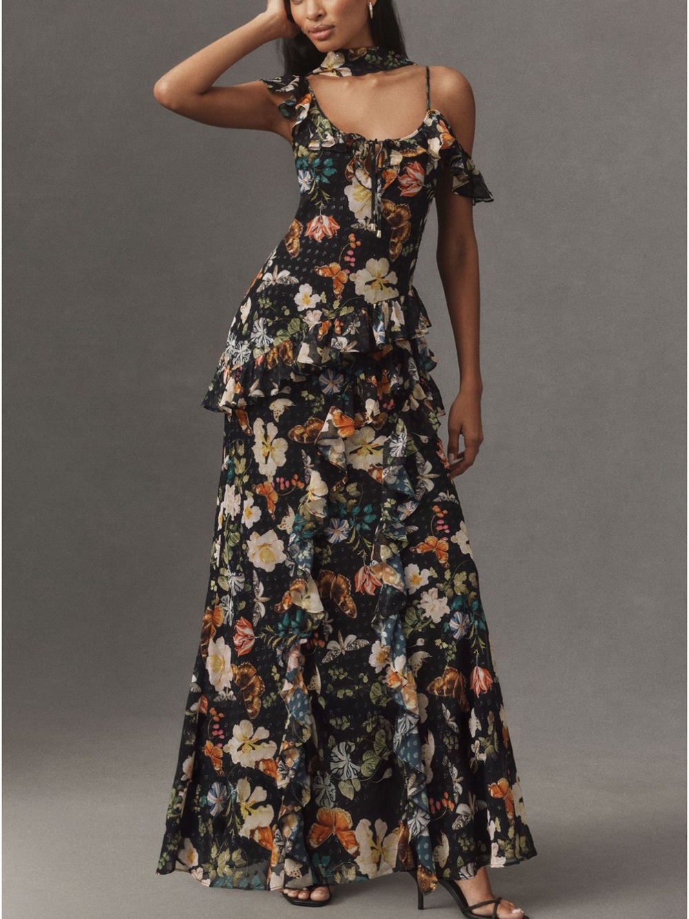 BHLDN Anthropologie butterfly Floral Ruffle gown